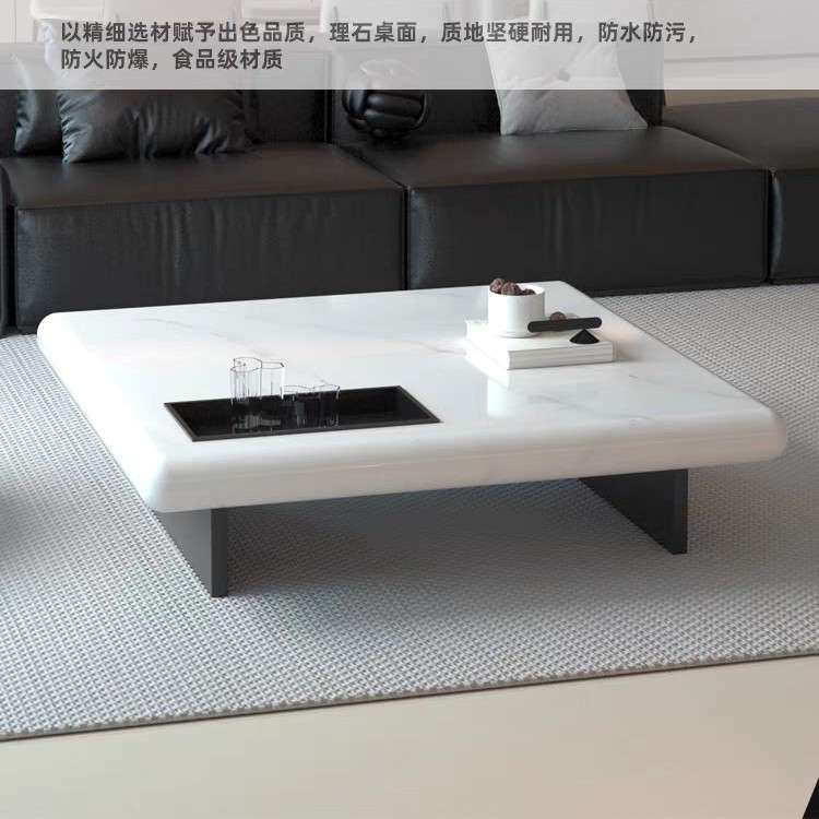 2025款新款意式极简设计师威尼斯棕盒子大理石正方形客厅悬浮茶几