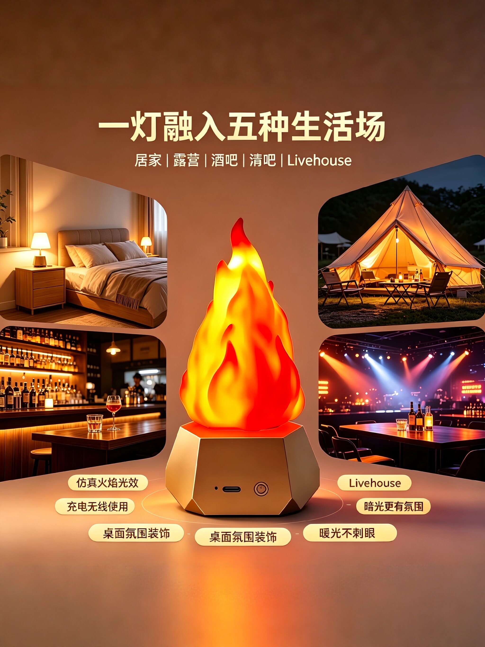 LED 仿真动态火焰灯户外防水露营氛围灯庭院景观小夜灯装饰