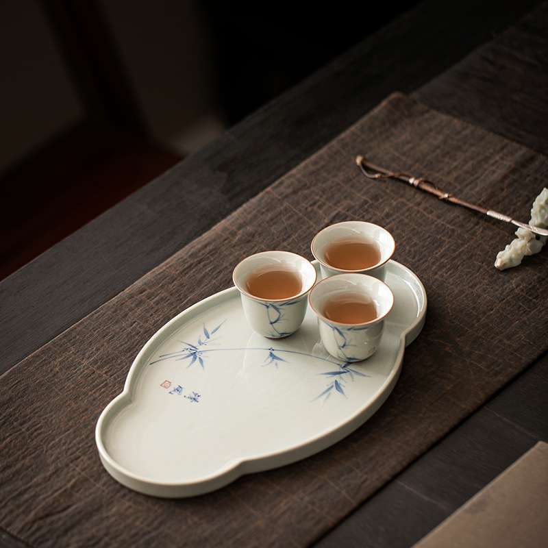 陶瓷手绘竹子茶盘小型一壶二杯茶托盘中式复古干泡小茶台茶壶壶垫