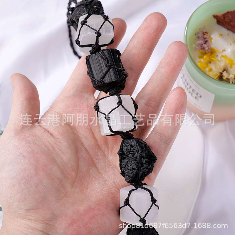 亚马逊天然石水晶黑碧玺石膏石原石挂件白水晶碎石流苏网兜挂饰