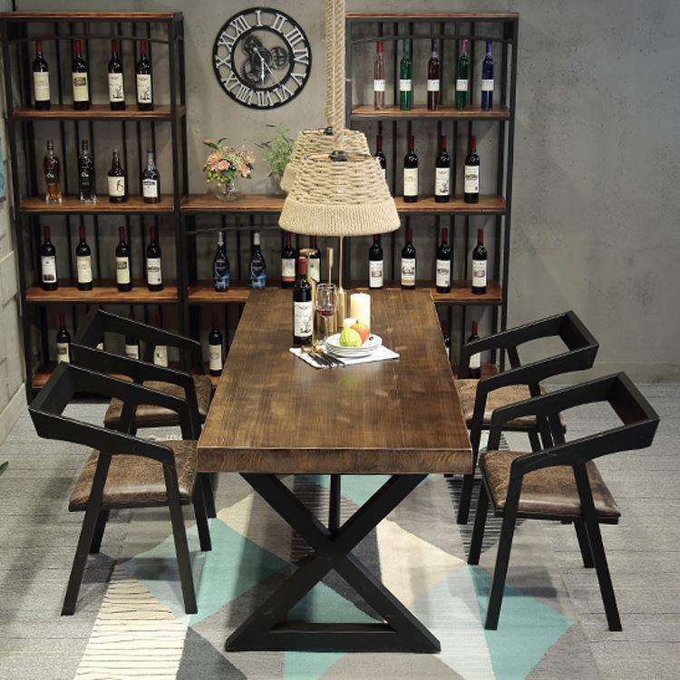 咖啡厅长桌洽谈桌实木餐桌椅组合原木家用小户型饭桌铁艺长条桌子