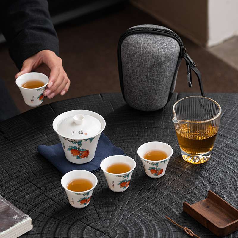 羊脂玉旅行茶具套装便携式户外泡茶杯盖碗快客杯一壶四杯2024款