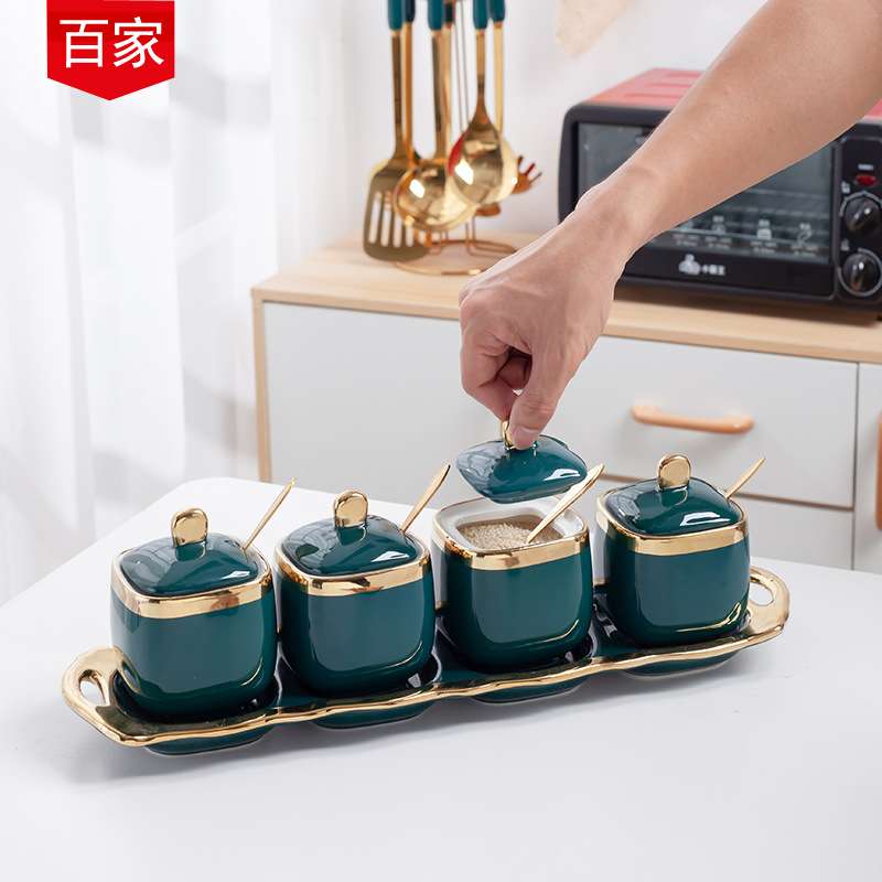 北欧家用调味罐调料盒陶瓷带盖厨房用品盐味精四格一体套装组合装图片
