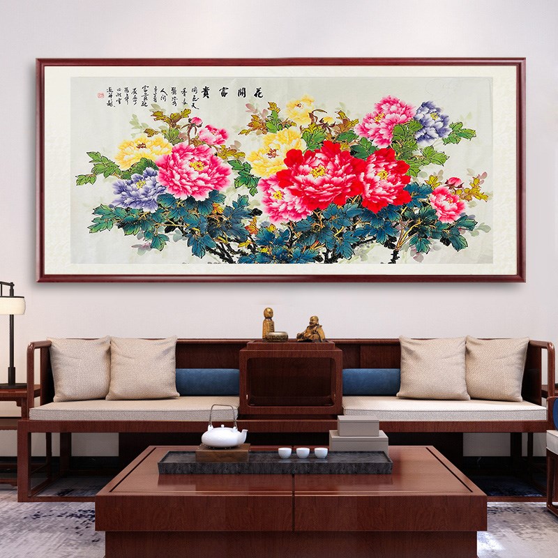 纯手绘精品国画牡丹画六尺横幅宣纸画花开富贵中式客厅装饰挂画
