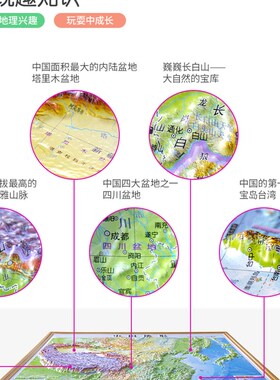 凹凸地图中国地形中学生世界地理图3D立体地形图儿童用背景装饰画