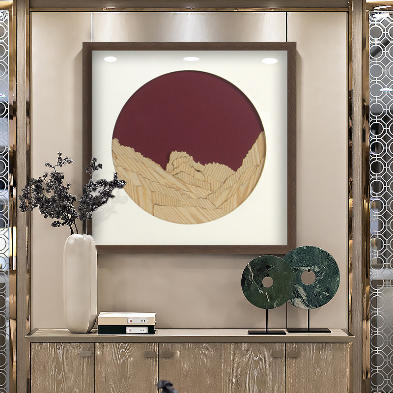 网红饭餐厅装饰新中式客厅沙发背景墙立体树皮样实物画正方形茶室