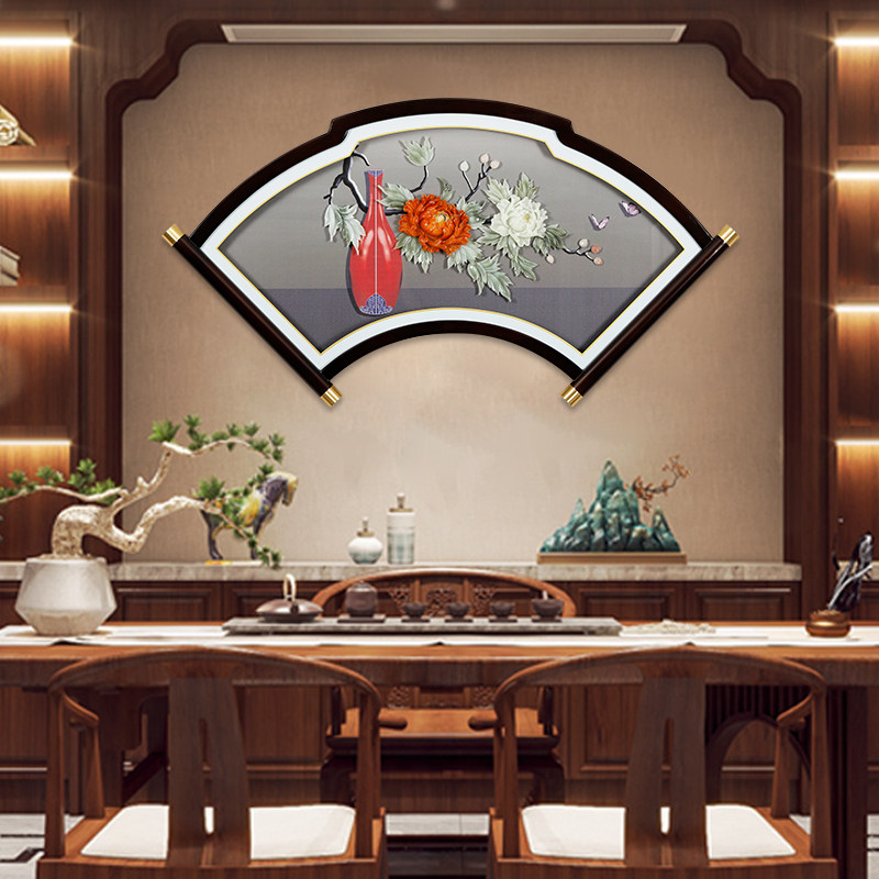 客厅装饰画餐厅扇形玉雕挂画新中式背景墙加led灯壁画3d立体卧室