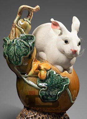 福禄葫芦吉祥生肖兔子陶瓷工艺石湾公仔公司家居中式饰柜客厅摆件