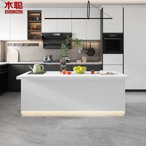 奶油风岩板餐桌岛台一体开放式吧台长方形家用料理台小户型8E50