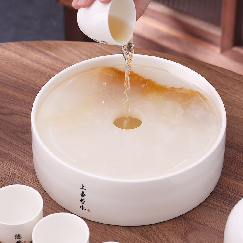 德化羊脂玉白瓷圆形陶瓷茶盘壶承储水茶台家用托盘干泡盘玉石盘面