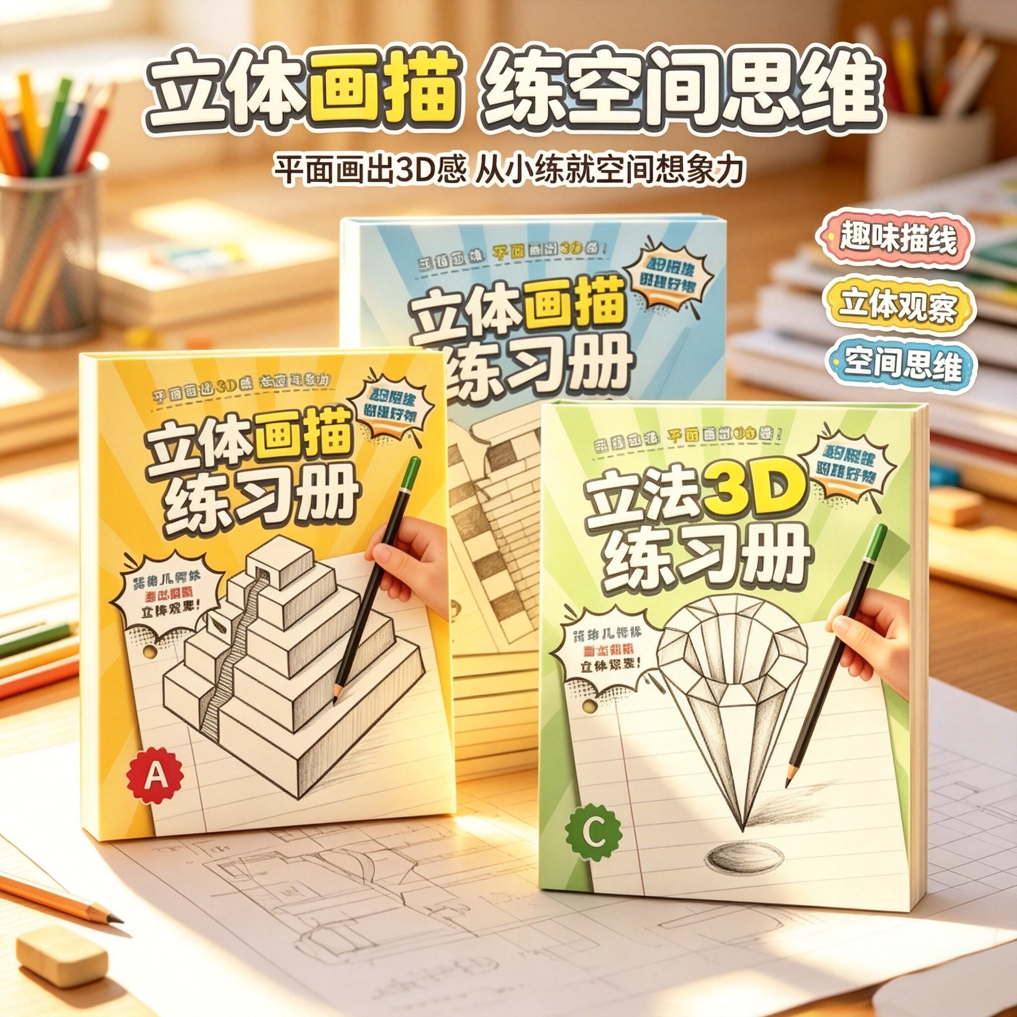 魔法3D立体画描摹本素描本手工绘画本剪纸儿童剪刀玩具套装ZY