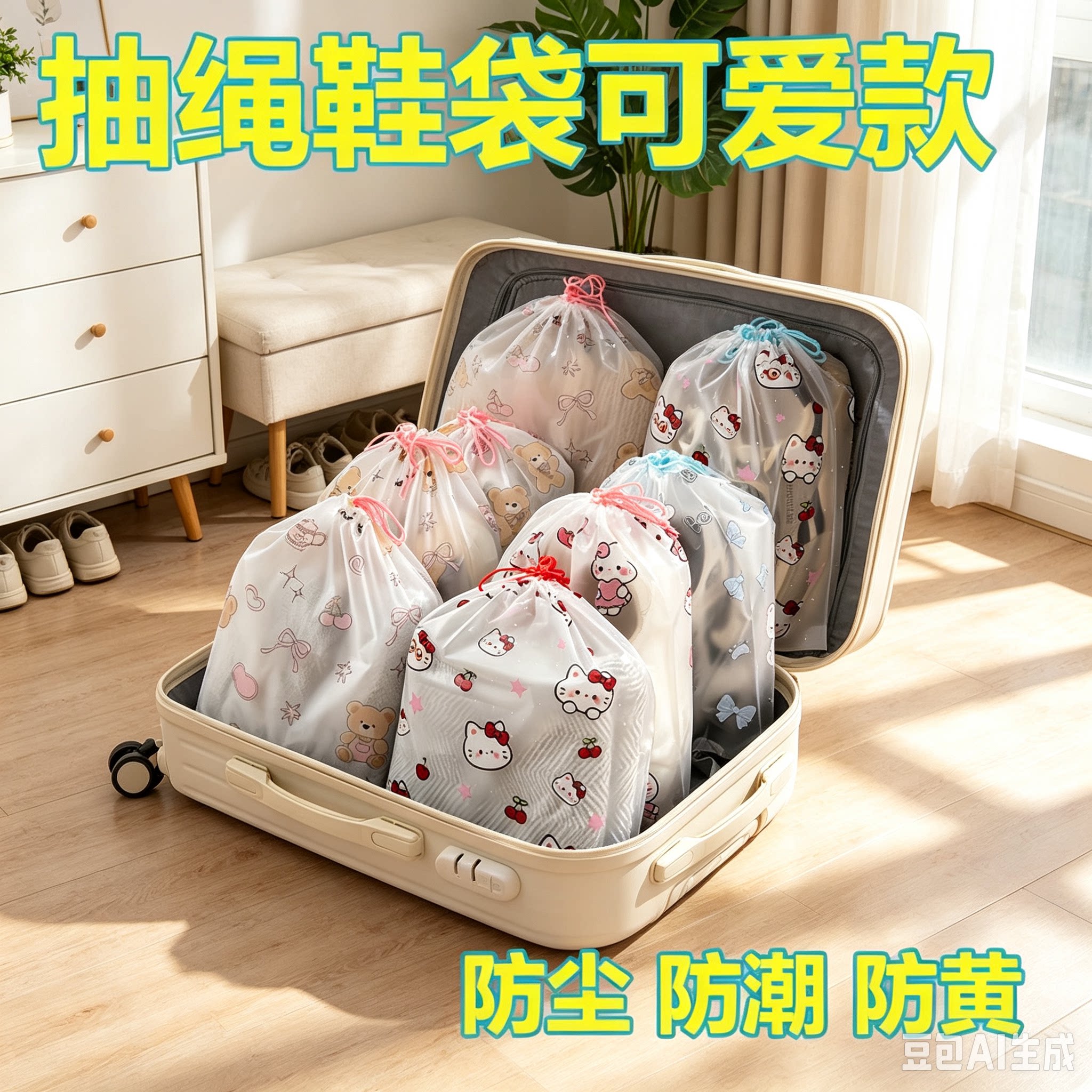 ins可爱鞋子收纳袋便携旅行内衣防尘袋印花抽绳鞋包YY