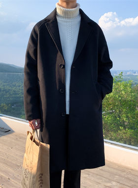 秋季港风毛呢外套男韩版潮流帅气风衣英伦风中长款高街宽松大衣服