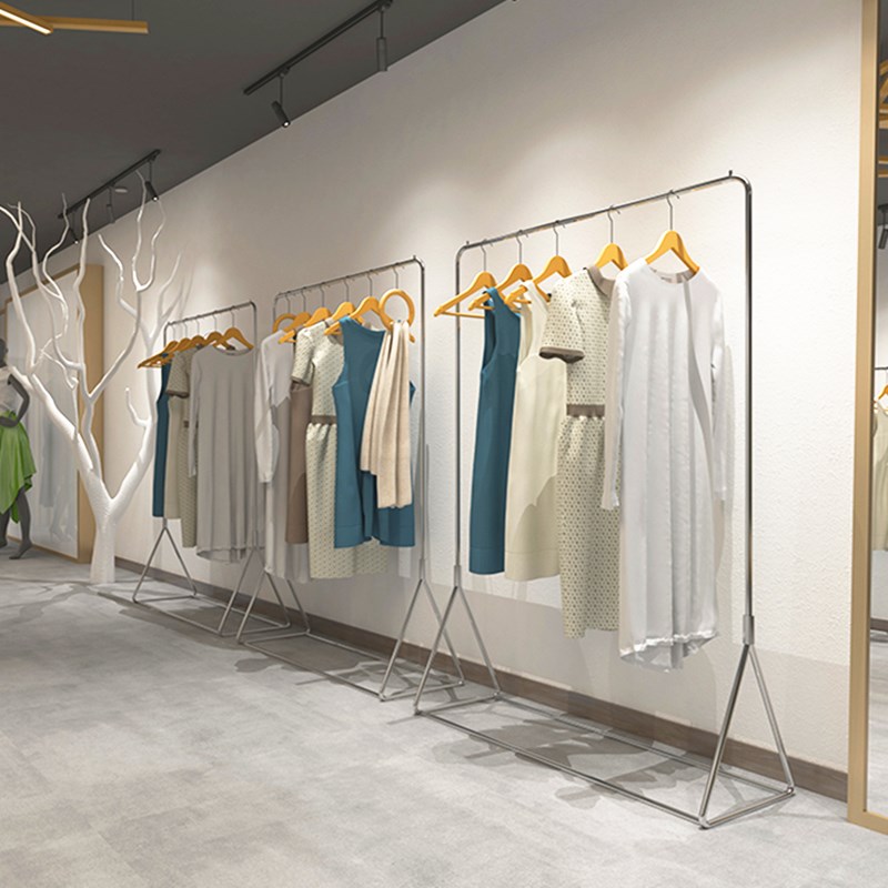 服装店展示架落地式挂衣杆实心不锈钢拉丝银色展示挂衣架女装货架