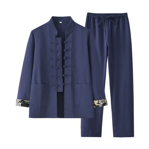 中国风唐装男中式服装两件套复古长袖套装盘扣外套休X闲男装茶艺