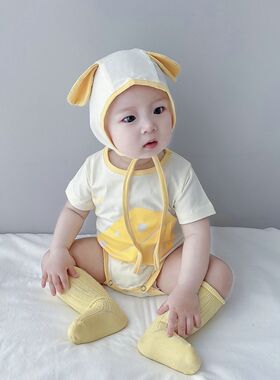婴儿夏季短袖老鼠哈衣韩版男女宝宝纯棉三角包屁连体衣爬服送帽子