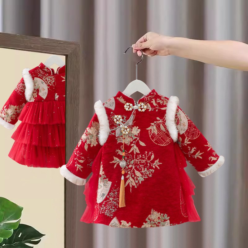 儿童拜年服汉服冬装女童加厚唐装旗袍