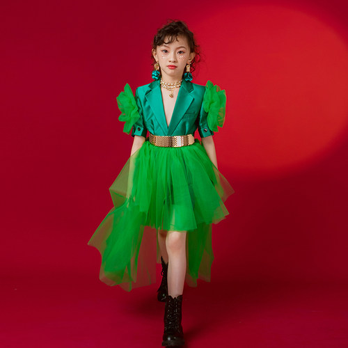 2023皖君新款草绿花朵模特走秀主持弹琴礼服春夏季儿童演出服装