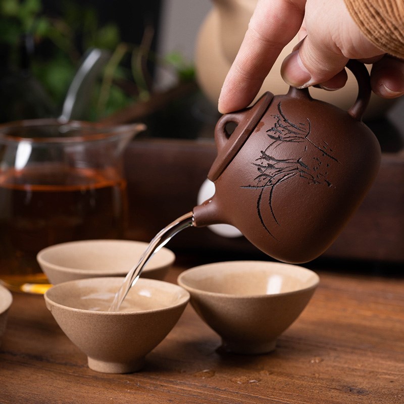 宜兴周婷纯手工雕刻汉瓦壶紫泥紫砂壶家用茶水壶泡茶器功夫茶具