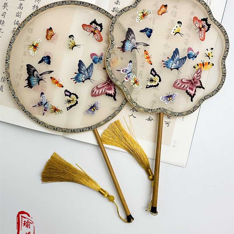 古风纯手工苏绣八瓣梅花形湘妃竹团扇双面绣扇创意摆件汉服装配饰