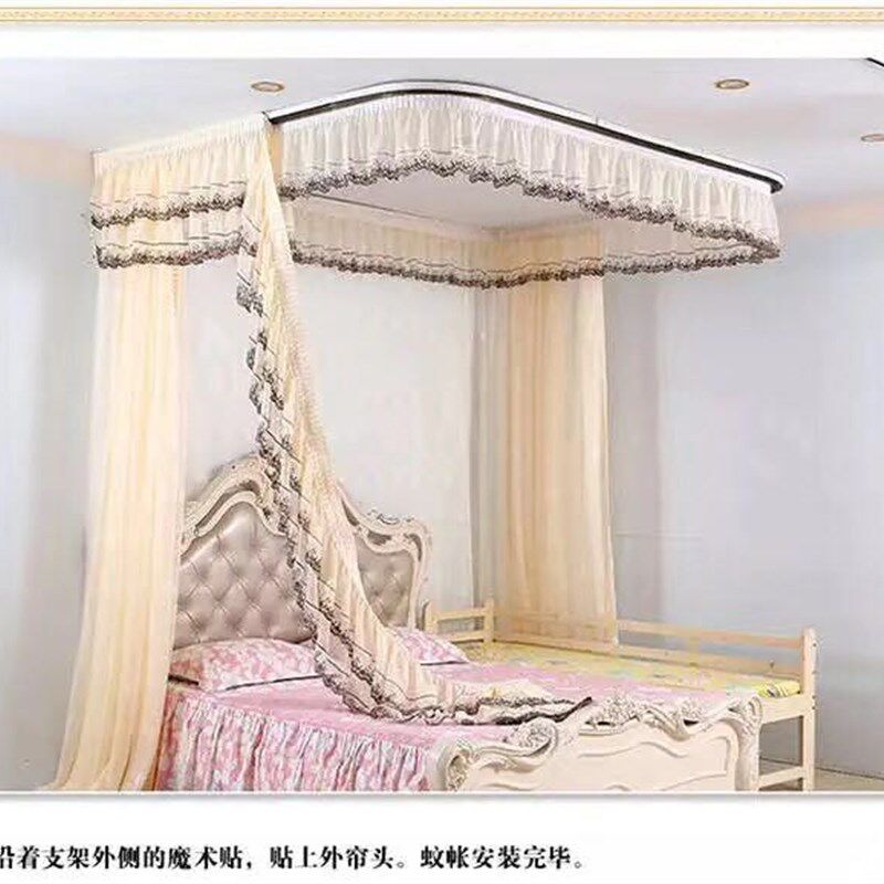 宫廷公主打墙双拉链绳加密蚊帐吸顶天花拉幕床幔加厚铝合金导轨支