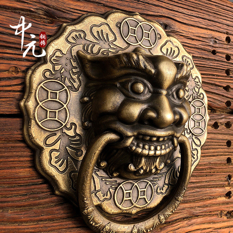 中式仿古纯铜实木大门拉手古建庭院寺庙祠堂兽头铜拉手拉环门把手