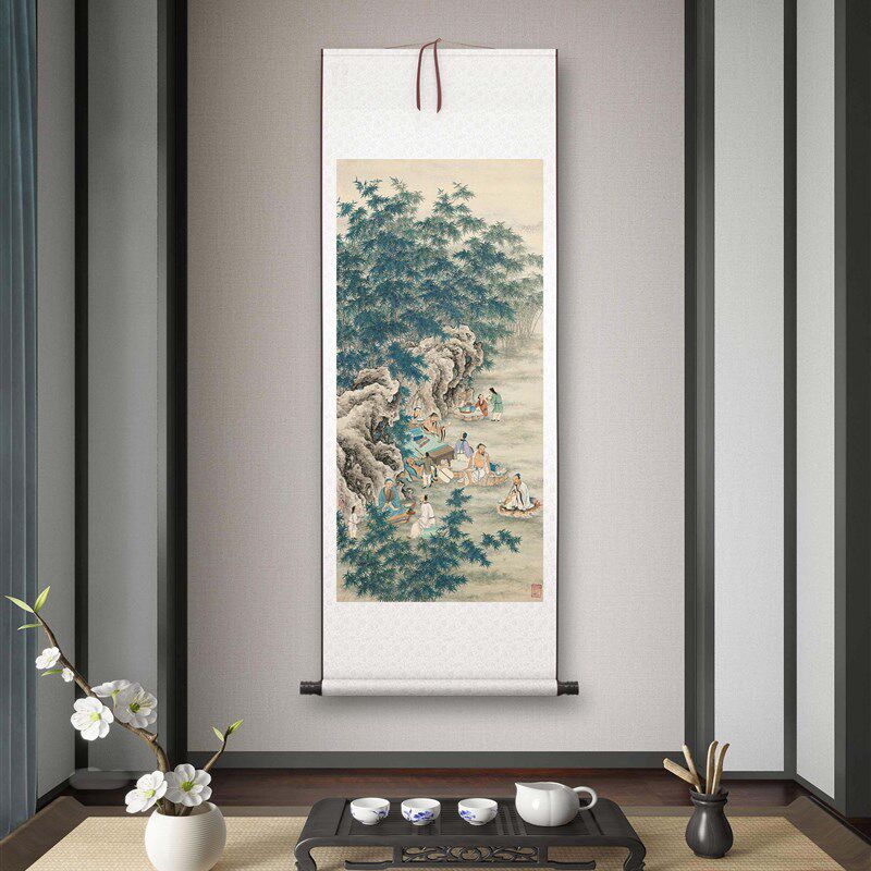 夏荆山《竹林七贤》客厅书房茶室装饰画挂画玄关水墨高清卷轴字画