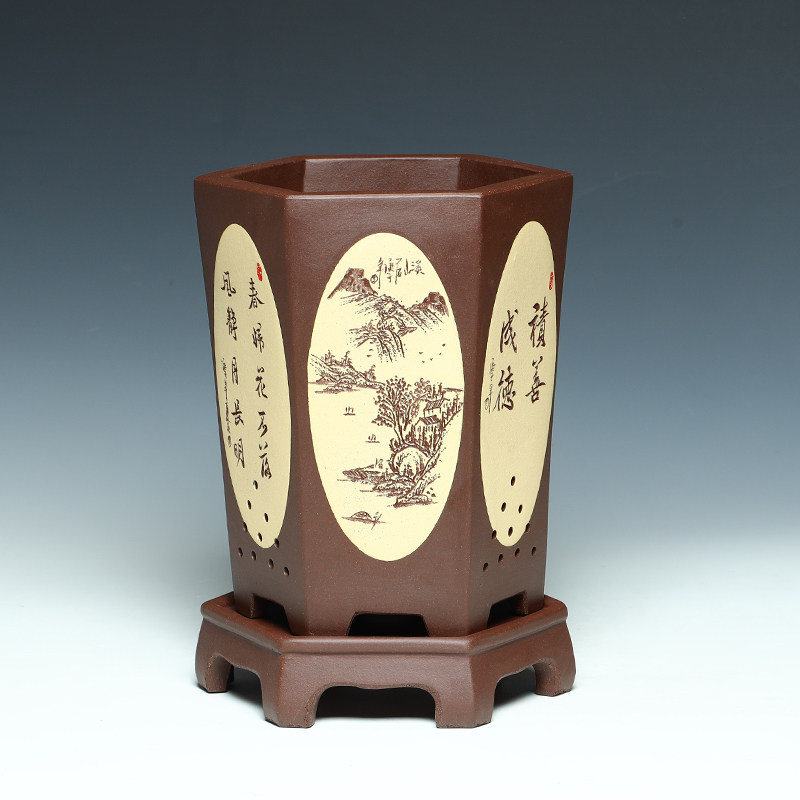 宜兴精品紫砂花盆陶瓷透气黄色高君子兰蕙兰档六角兰花花盆带托盘
