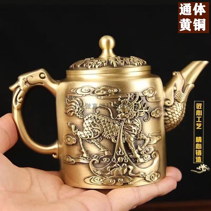 纯铜茶壶中国风麒麟壶黄铜壶百福酒壶龙凤茶壶铜家居古风茶具摆件
