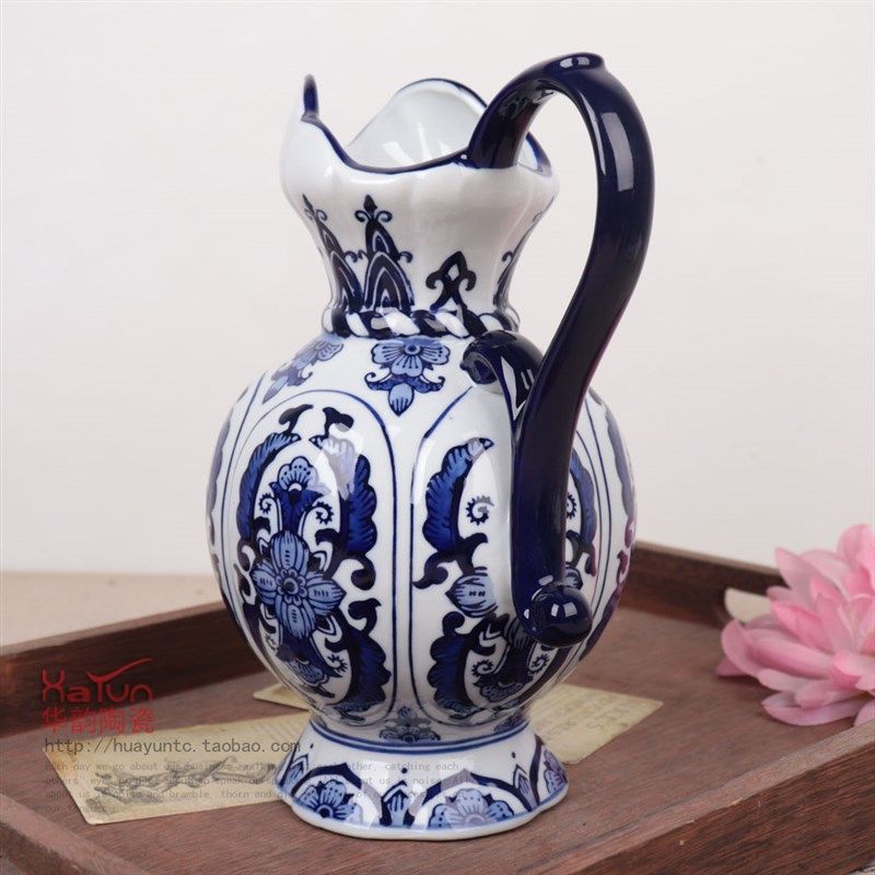 包邮景德镇陶瓷青花釉下手绘花瓶花插家具装饰品摆件高温陶瓷欧式