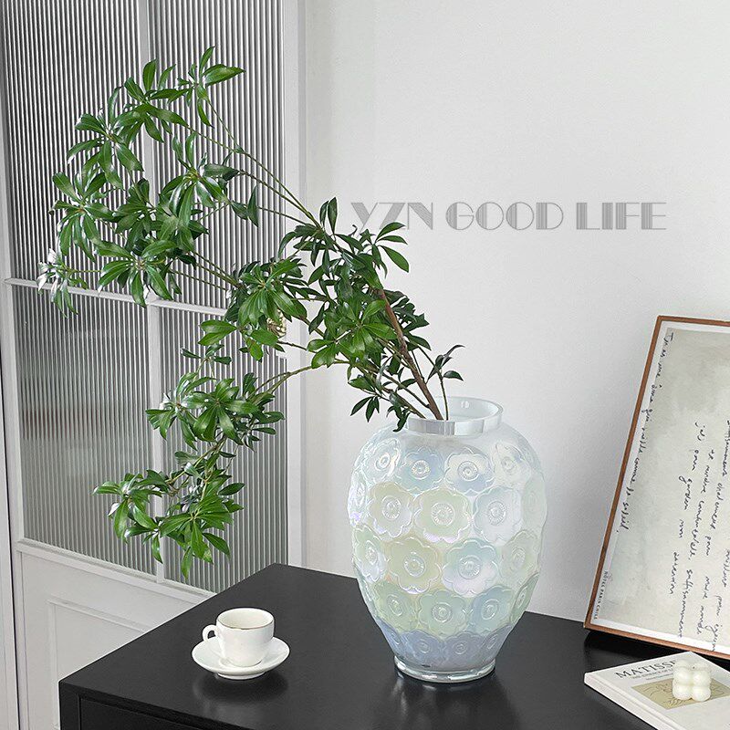 法式浮雕珍珠白玻璃花瓶大号水养玫瑰插花摆件餐客厅软装饰高级感