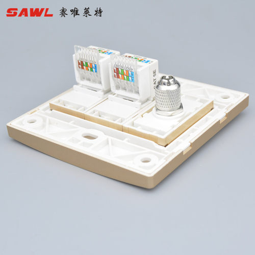 香槟色86型双电脑加闭路电视二位网线有线TV插座网络光纤面板暗装