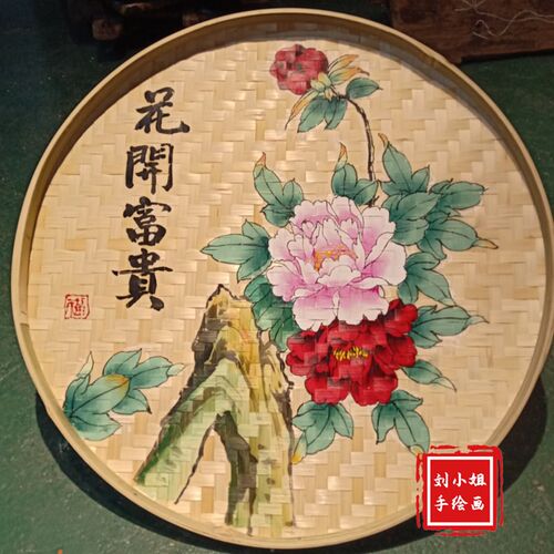 花鸟山水竹编簸箕画竹筛酒店装饰墙面背景墙装饰农家乐簸箕装饰画
