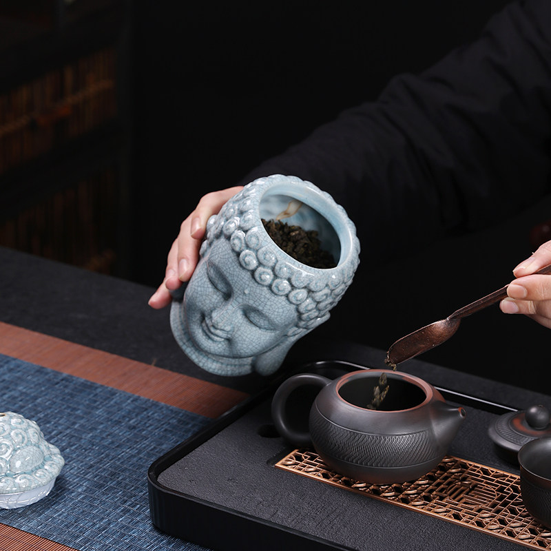 陶瓷哥窑大小号茶叶罐白绿茶密封罐桌面禅意复古架创意礼品散茶罐