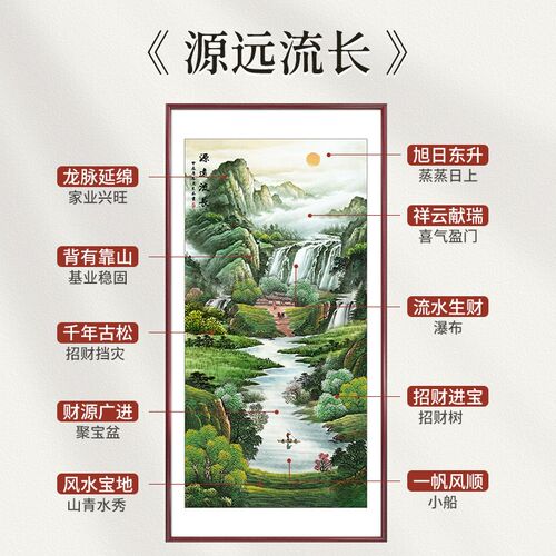 源远流长青绿山水画新中式玄关装饰画走廊过道壁画寓意好进门生财