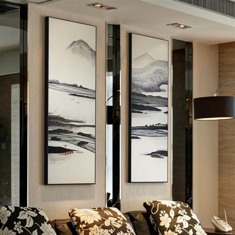 新中式山水装饰画写意南山三联客厅挂画国画禅意花鸟黑白竖版画