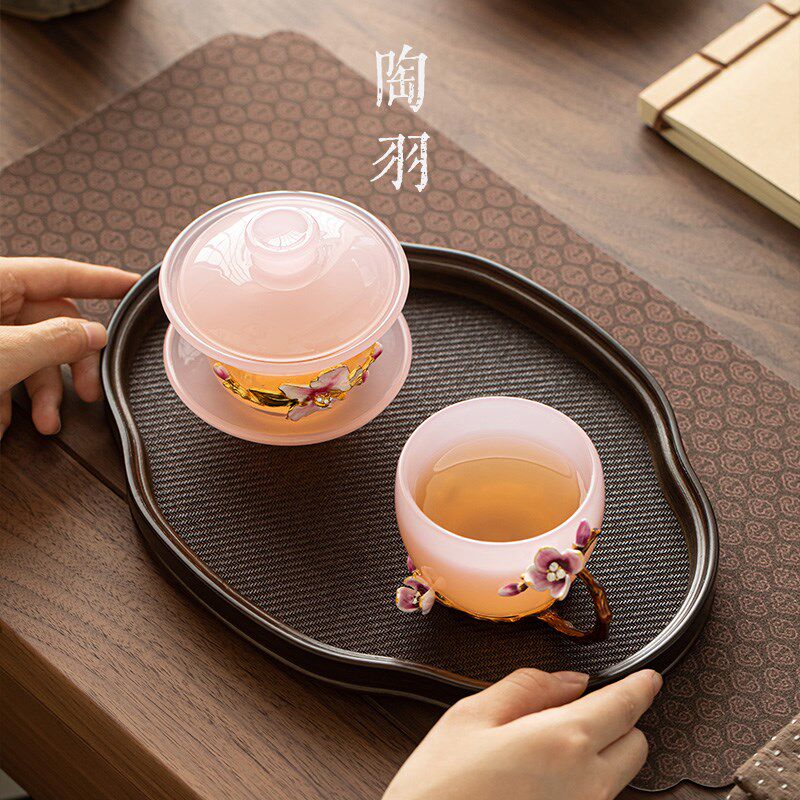 粉色花语琉璃三才盖碗茶杯一壶一杯茶盘高端泡茶具防烫敬茶手抓碗