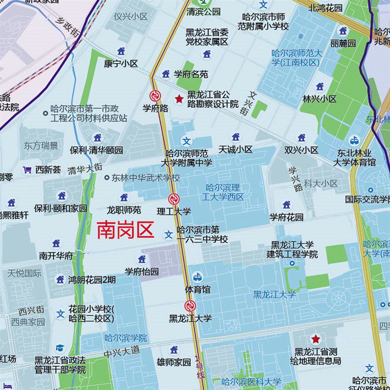 2024新款哈尔滨市区地图贴图办公室挂图高清防水墙壁贴超大装饰画