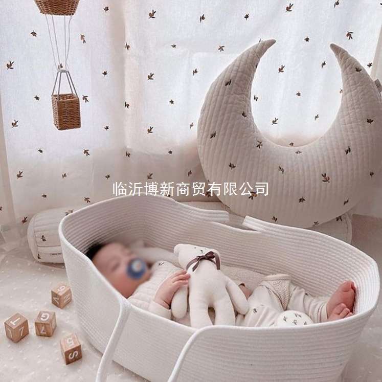 新款婴儿便携手提篮印花垫超大号双提手换尿布筐台棉绳编织睡篮子