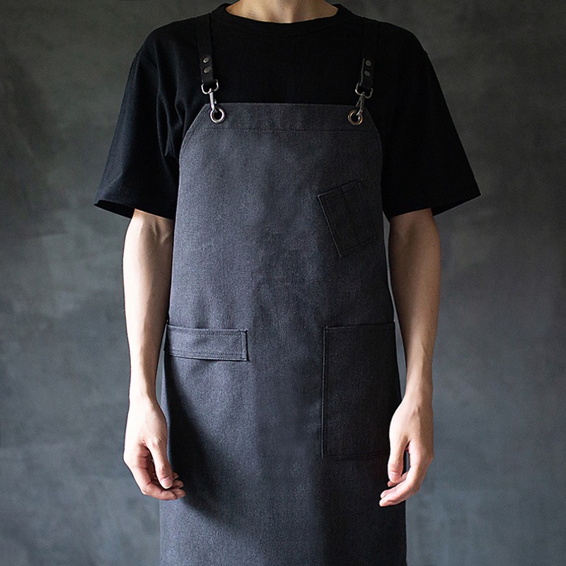 鹿造可挂毛巾黑色帆布围裙咖啡奶茶餐厅理发师工作服复古定制logo