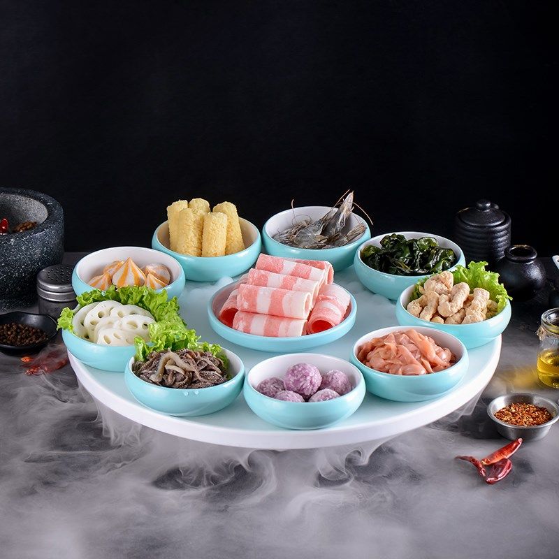 网红商用创意特色火锅店肥牛羊肉卷拼盘专用盘子圆形意境干冰餐具
