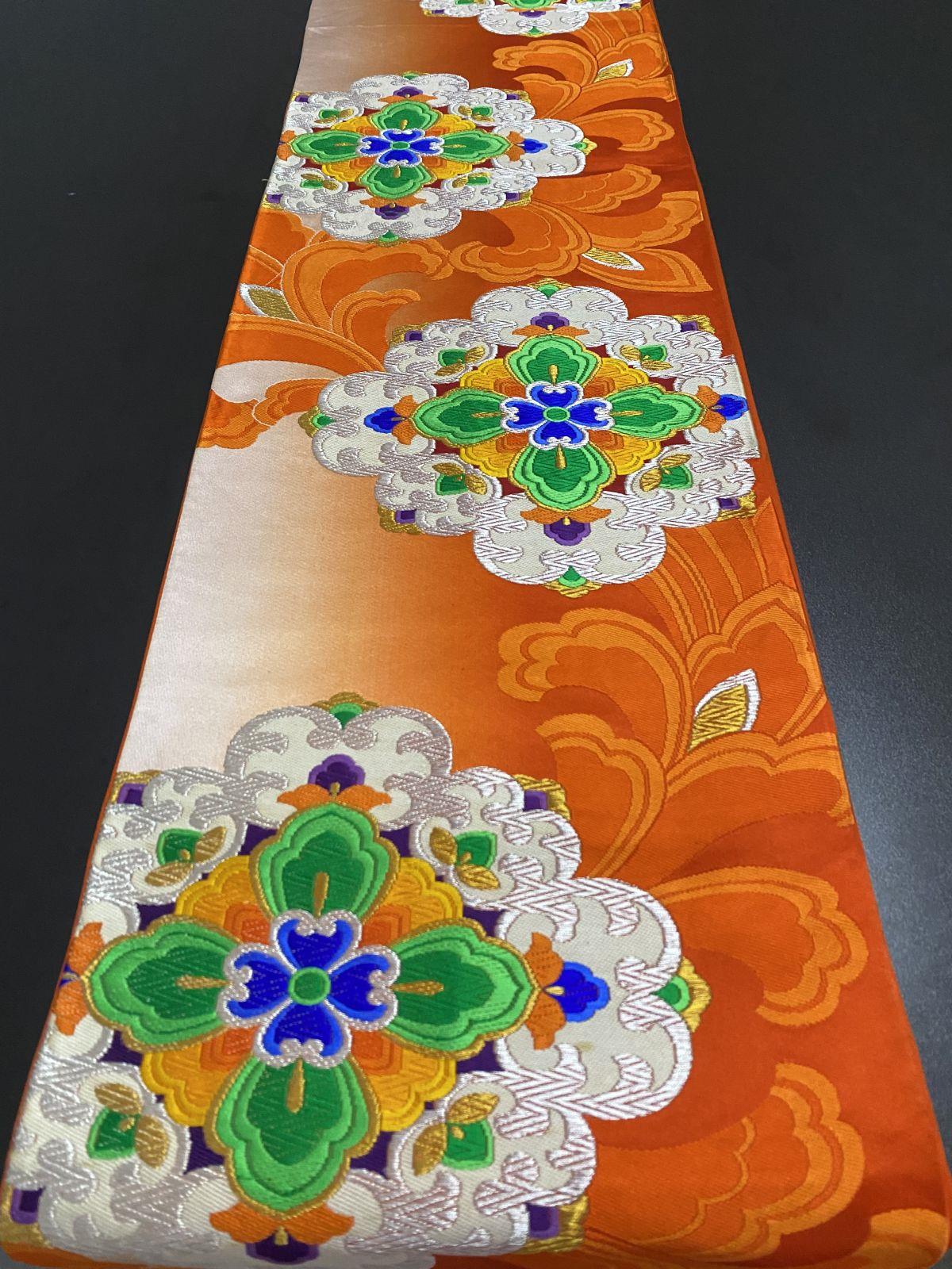 VINTAGE正绢西阵织日式和服六通袋带手工腰带金线装饰茶席桌旗