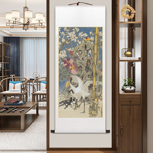 古风仙鹤玄关花鸟卷轴挂画中式客厅装饰画书房茶室沙发背景墙壁画