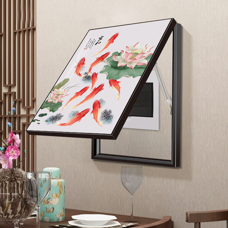 九鱼图电表箱装饰画荷花锦鲤空开盒壁画竖款新中式配电箱遮挡挂画