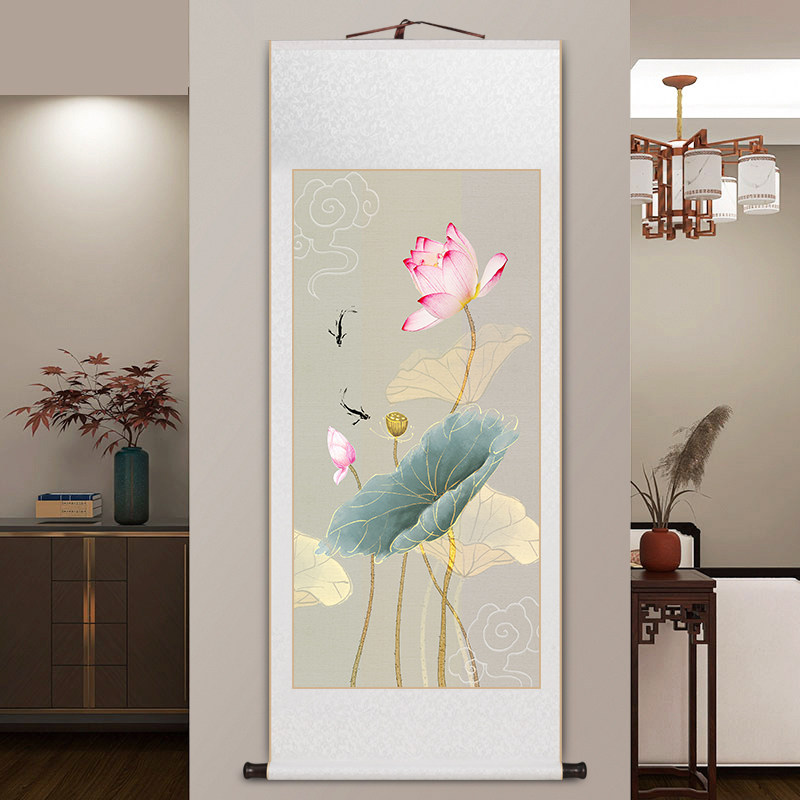 荷韵国画玄关画新中式客厅装饰画荷花图装裱卷轴字画禅意茶室挂画