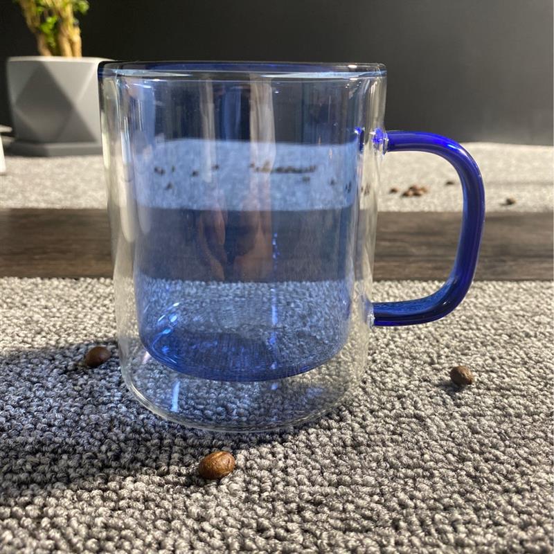 零极限清理工具蓝色玻璃杯瓶子新款彩色双层带把咖啡杯耐高温送课图片