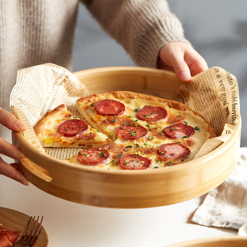 竹制披萨托盘木质商用加深圆形炸鸡薯条汉堡面包点心零食餐厅专用
