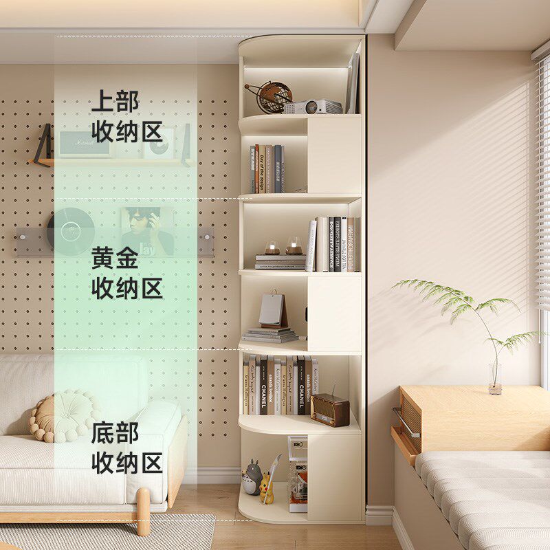 定制全实木书柜圆弧橡木到顶墙角落地置物书架转角收纳柜客厅白色