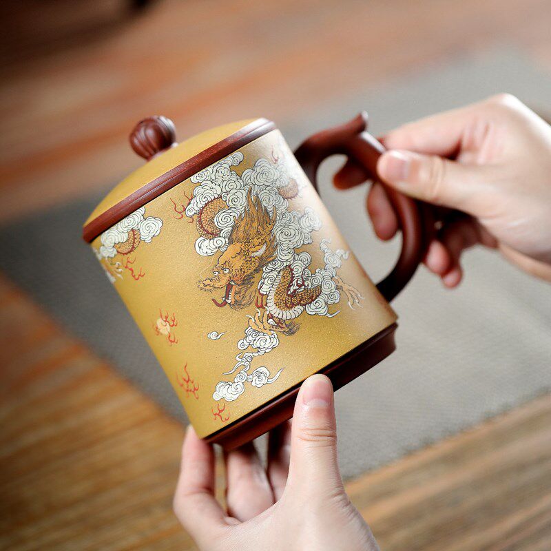 听壶居 宜兴紫砂盖杯家用泡茶杯泥绘龙茶杯水杯商务生日礼品杯子