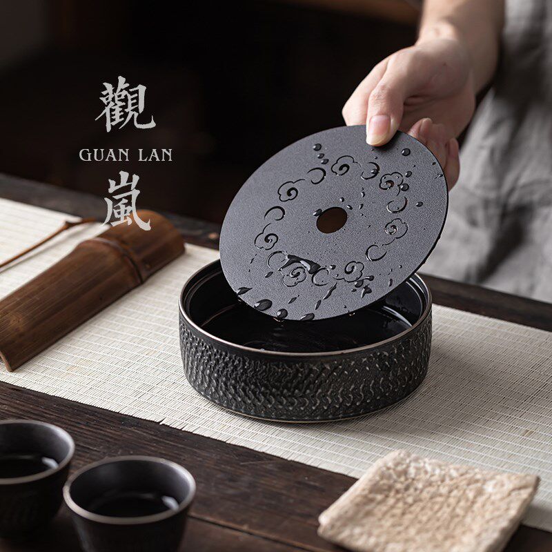 观岚古黑鎏银壶承茶承手工跳刀陶瓷干泡台功夫茶具小茶台养壶托盘